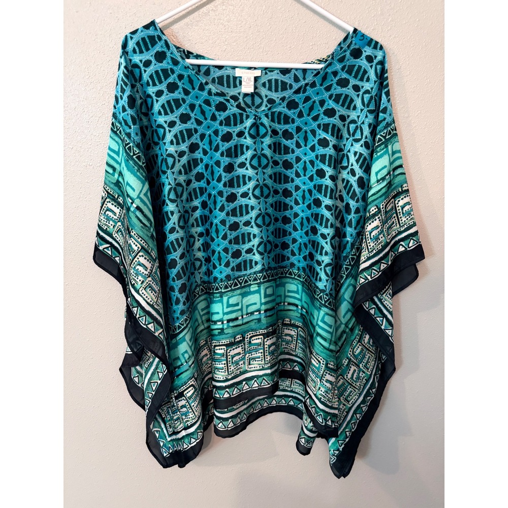 Chico's Blue Batik Print Kaftan Tunic Top V-Neck poncho shall artsy art to wear - Picture 5 of 5